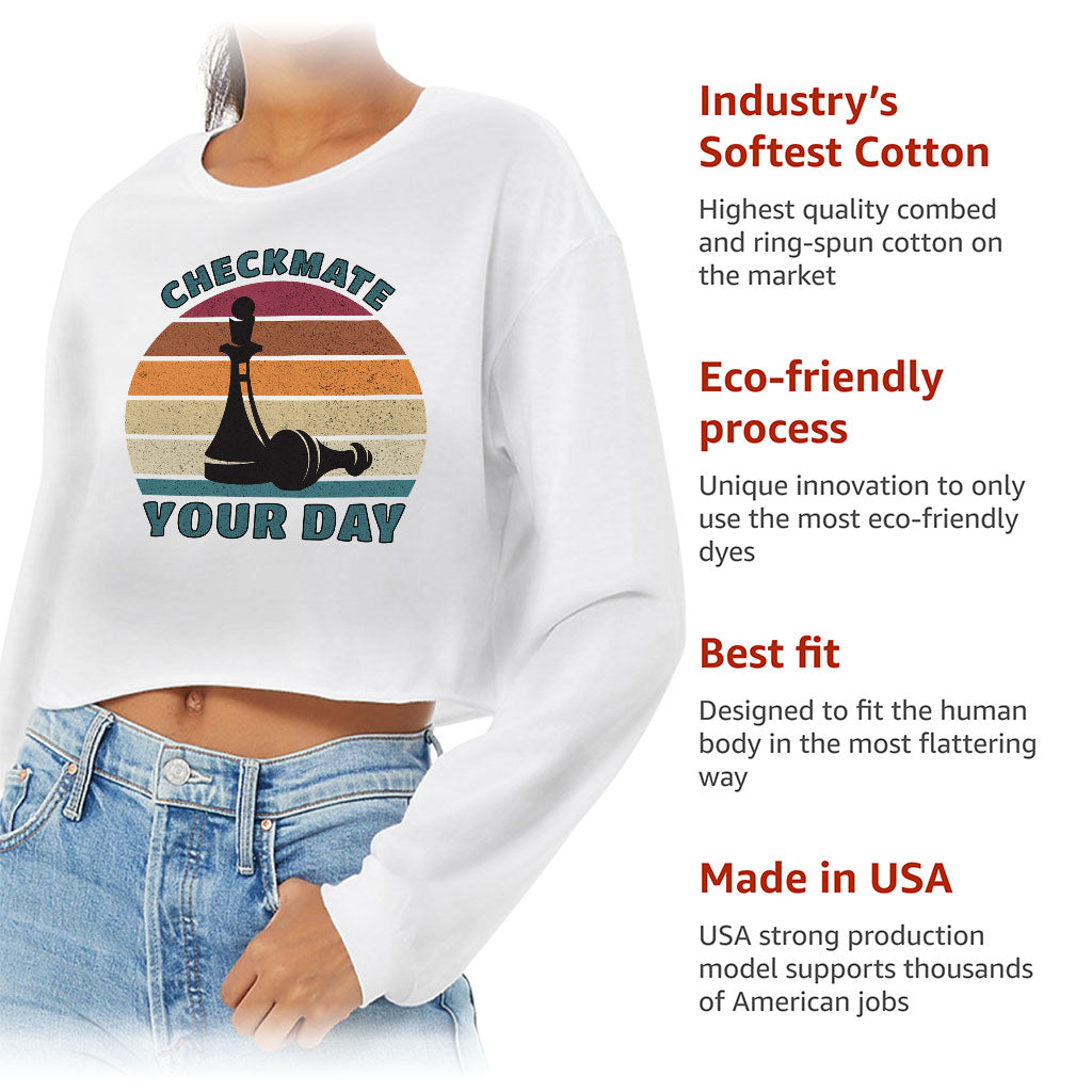 Checkmate Your Day Cropped Long Sleeve T-Shirt - Colorful Women's T-Shirt - Printed Long Sleeve Tee