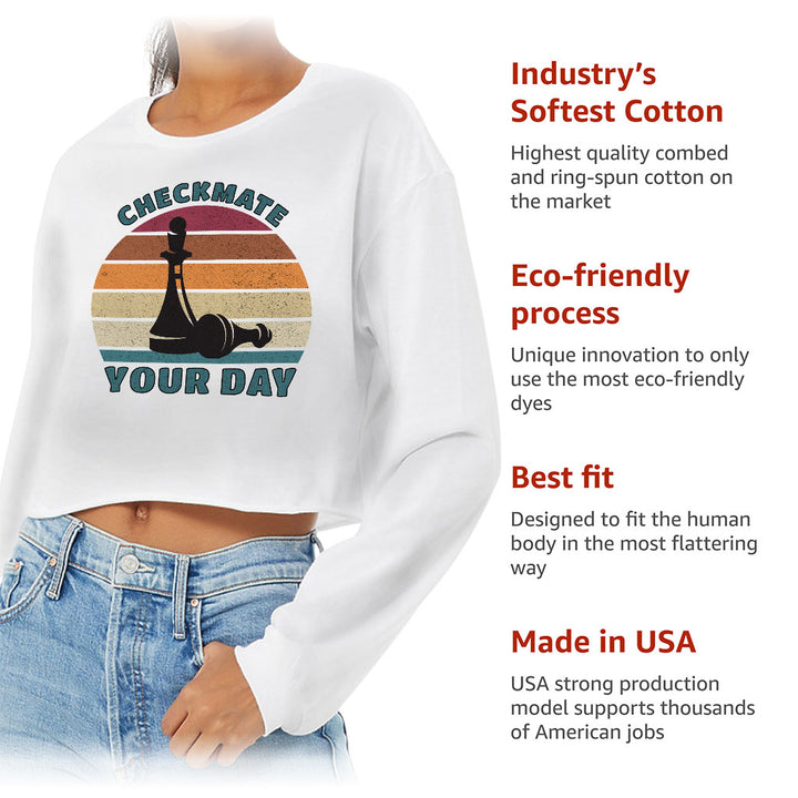 Checkmate Your Day Cropped Long Sleeve T-Shirt - Colorful Women's T-Shirt - Printed Long Sleeve Tee