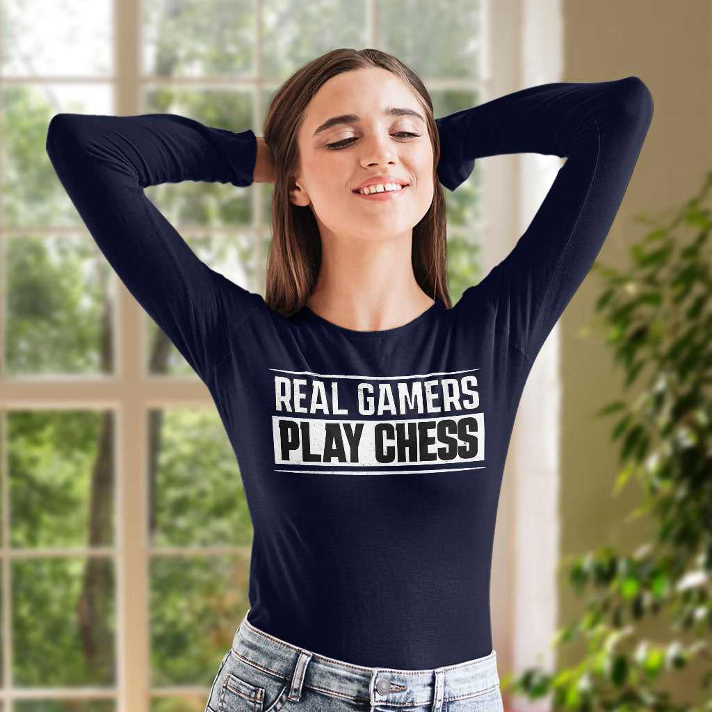 Real Gamers Women's Long Sleeve T-Shirt - Word Graphic Long Sleeve Tee - Graphic T-Shirt