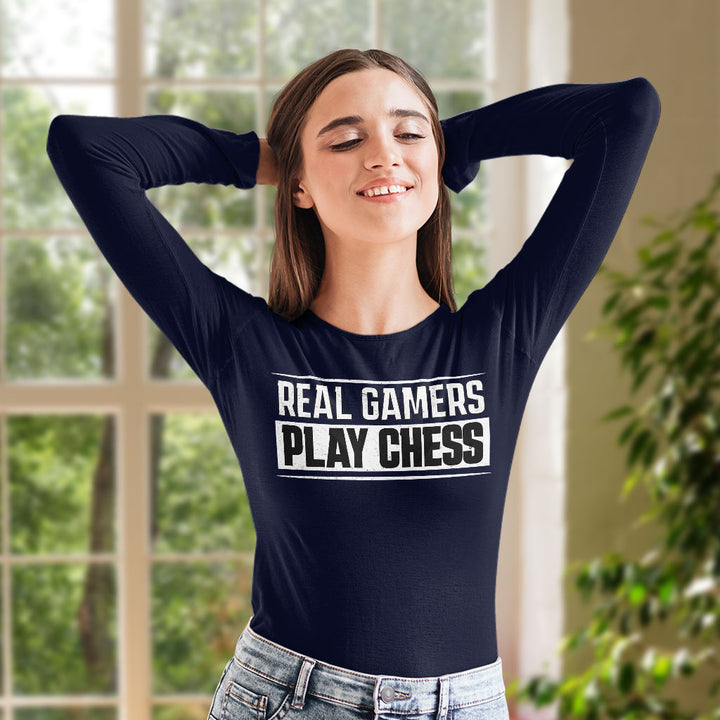 Real Gamers Women's Long Sleeve T-Shirt - Word Graphic Long Sleeve Tee - Graphic T-Shirt
