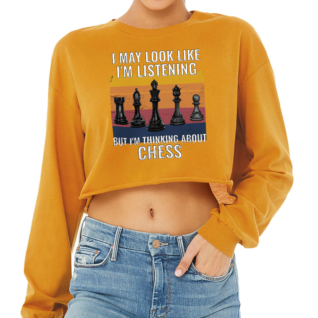 Chess Cropped Long Sleeve T-Shirt - Bright Women's T-Shirt - Colorful Long Sleeve Tee