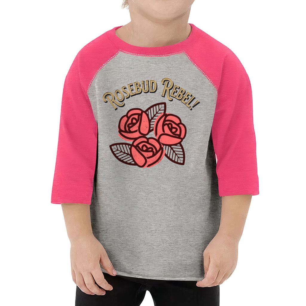 Rosebud Rebel Toddler Baseball T-Shirt - Cute 3/4 Sleeve T-Shirt - Flower Themed Kids' Baseball Tee