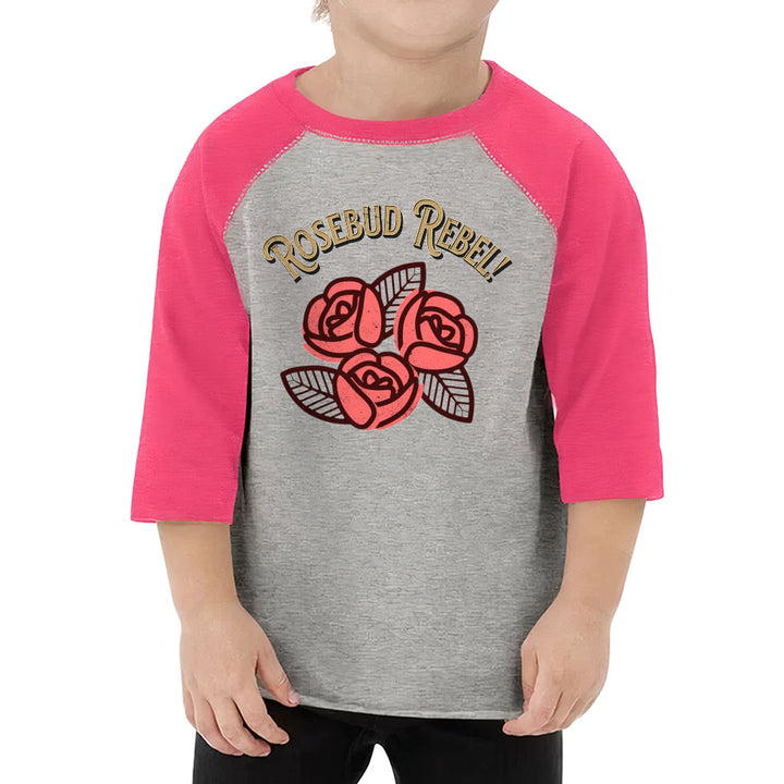Rosebud Rebel Toddler Baseball T-Shirt - Cute 3/4 Sleeve T-Shirt - Flower Themed Kids' Baseball Tee