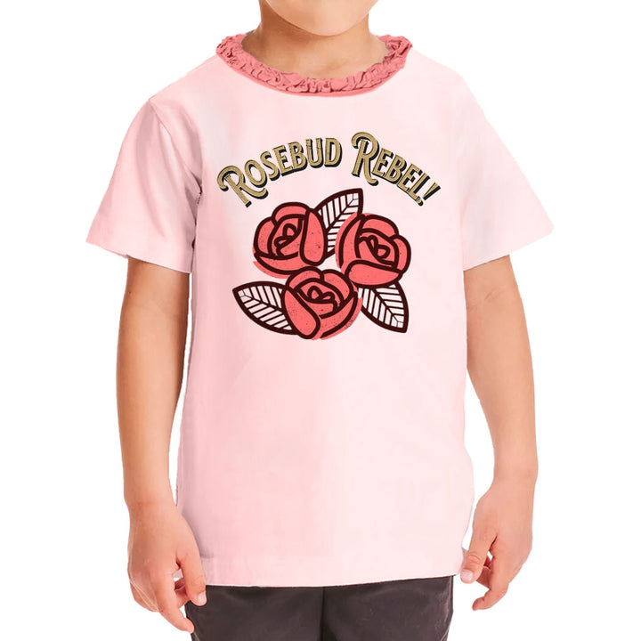 Rosebud Rebel Girls' Ruffle Neck T-Shirt - Cute Toddler T-Shirt - Flower Themed Ruffle Neck Tee