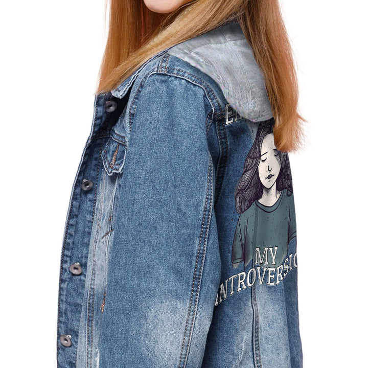 Embracing My Introversion Hooded Denim Jacket for Kids - Cute Print Jean Jacket - Printed Denim Jacket for Kids