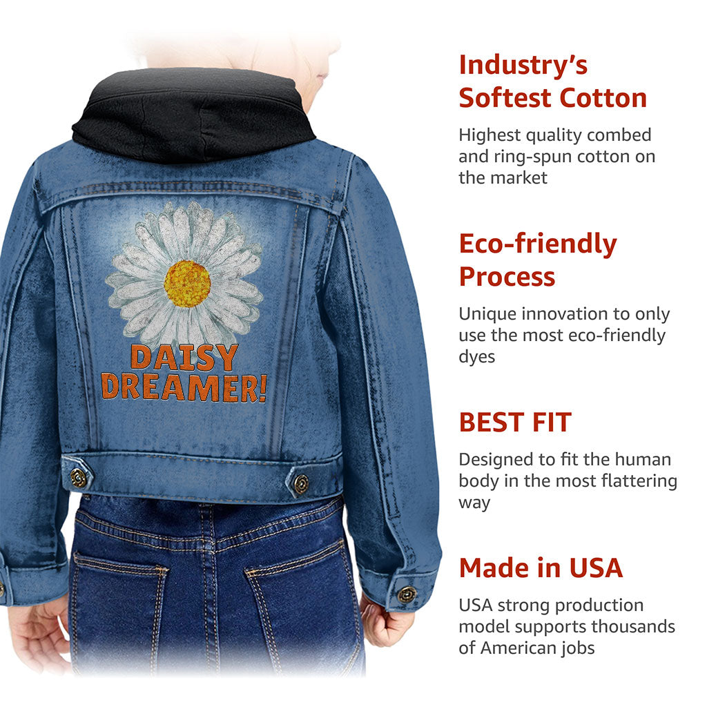 Daisy Dreamer Toddler Hooded Denim Jacket - Minimalistic Jean Jacket - Printed Denim Jacket for Kids