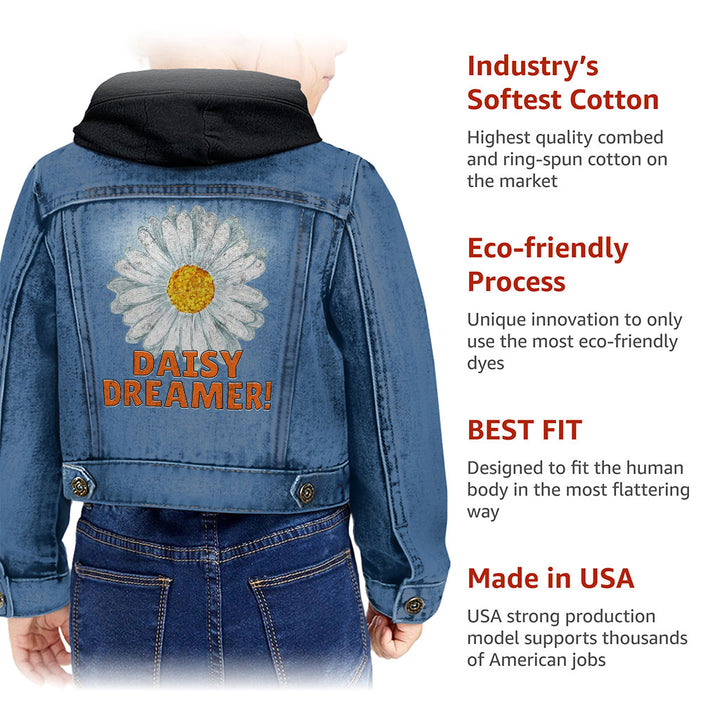 Daisy Dreamer Toddler Hooded Denim Jacket - Minimalistic Jean Jacket - Printed Denim Jacket for Kids