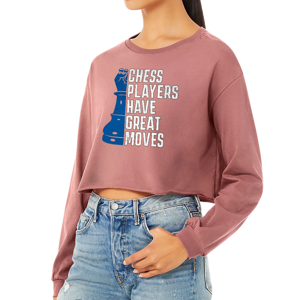 Chess Players Cropped Long Sleeve T-Shirt - Cool Design Women's T-Shirt - Word Design Long Sleeve Tee
