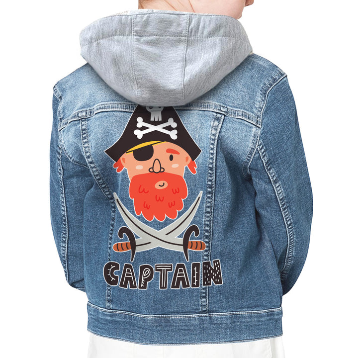 Captain Hooded Denim Jacket for Kids - Pirate Themed Jean Jacket - Cool Denim Jacket for Kids