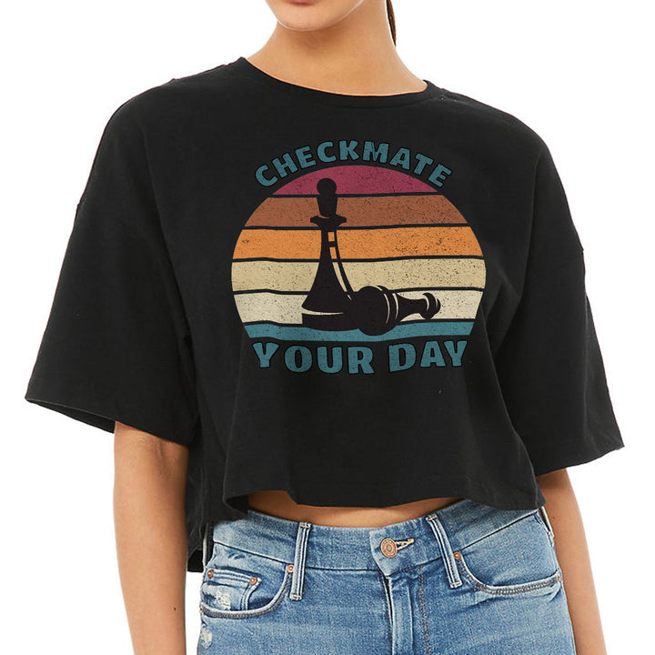 Checkmate Your Day Women's Crop Tee Shirt - Colorful Cropped T-Shirt - Printed Crop Top