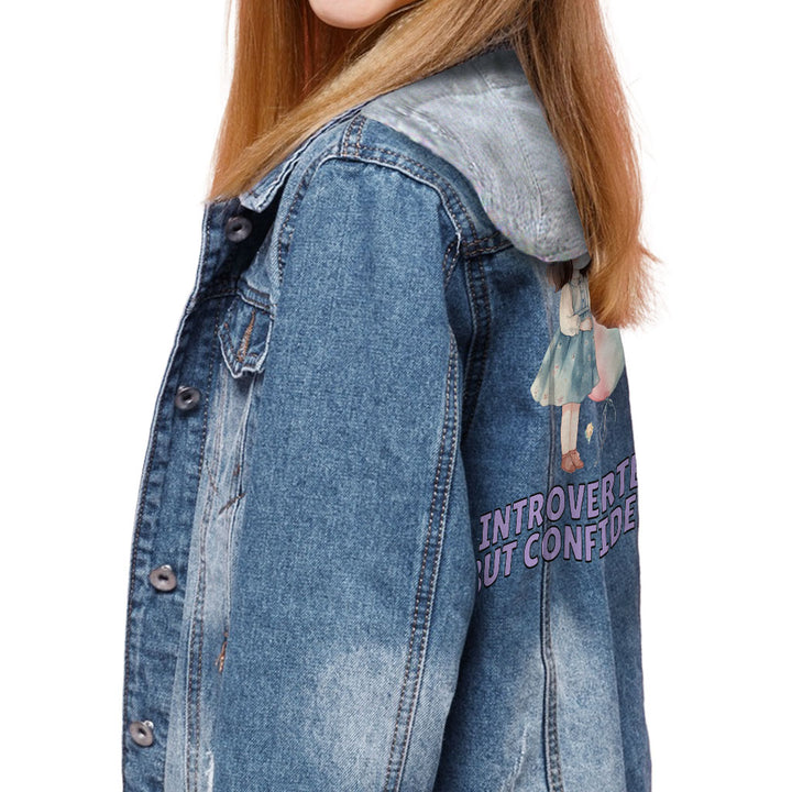 Introverted but Confident Hooded Denim Jacket for Kids - Little Girl Jean Jacket - Graphic Denim Jacket for Kids