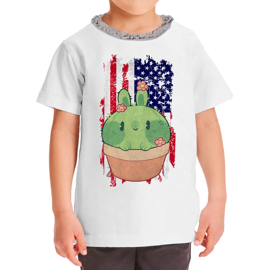 Little Cactus Girls' Ruffle Neck T-Shirt - Flag Toddler T-Shirt - Themed Ruffle Neck Tee
