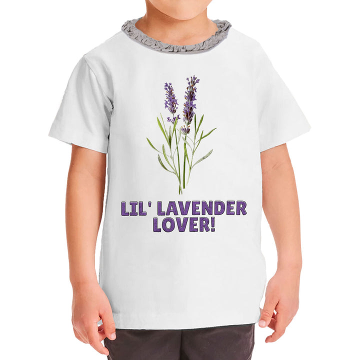 Lil' Lavender Lover Girls' Ruffle Neck T-Shirt - Flower Themed Toddler T-Shirt - Graphic Ruffle Neck Tee
