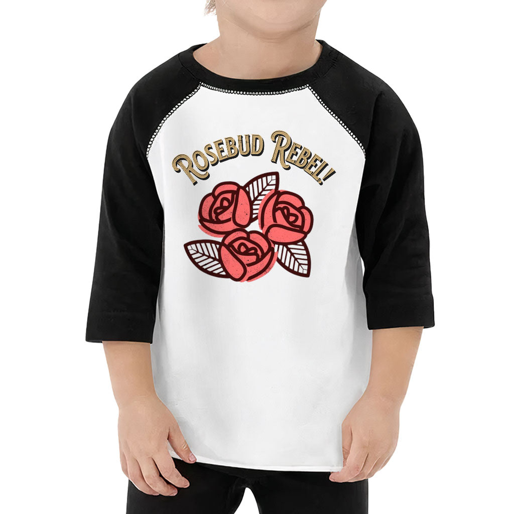 Rosebud Rebel Toddler Baseball T-Shirt - Cute 3/4 Sleeve T-Shirt - Flower Themed Kids' Baseball Tee