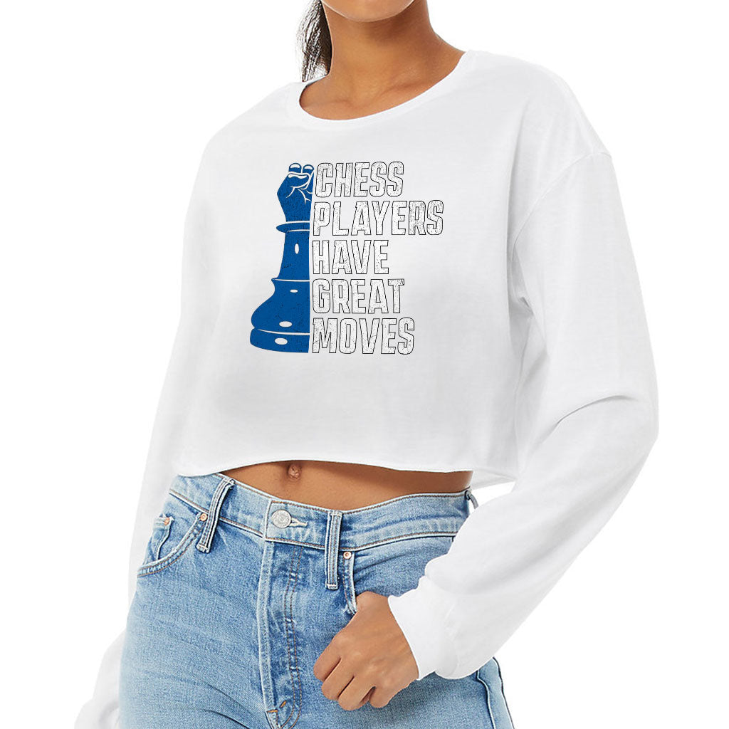Chess Players Cropped Long Sleeve T-Shirt - Cool Design Women's T-Shirt - Word Design Long Sleeve Tee