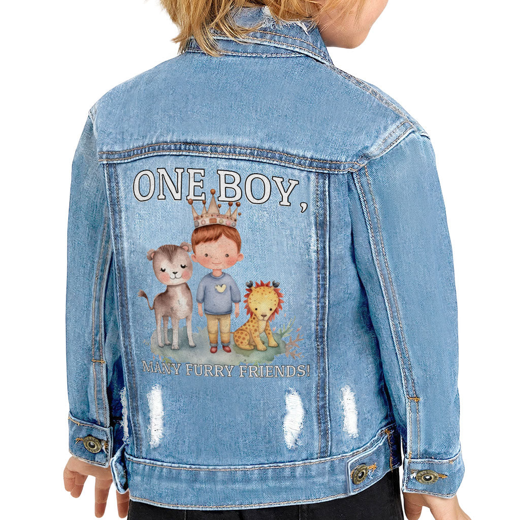 Many Furry Friends Toddler Denim Jacket - Animal Lover Jean Jacket - Graphic Denim Jacket for Kids