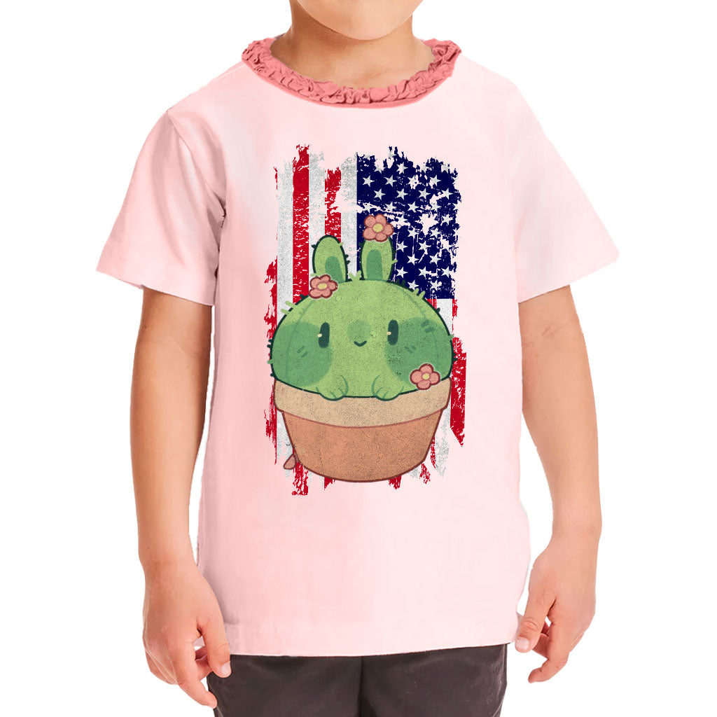 Little Cactus Girls' Ruffle Neck T-Shirt - Flag Toddler T-Shirt - Themed Ruffle Neck Tee