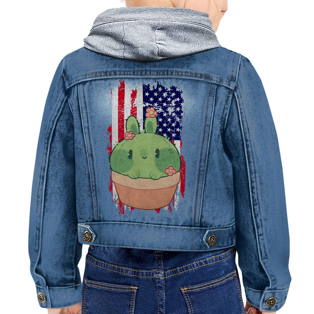 Little Cactus Toddler Hooded Denim Jacket - Flag Jean Jacket - Themed Denim Jacket for Kids