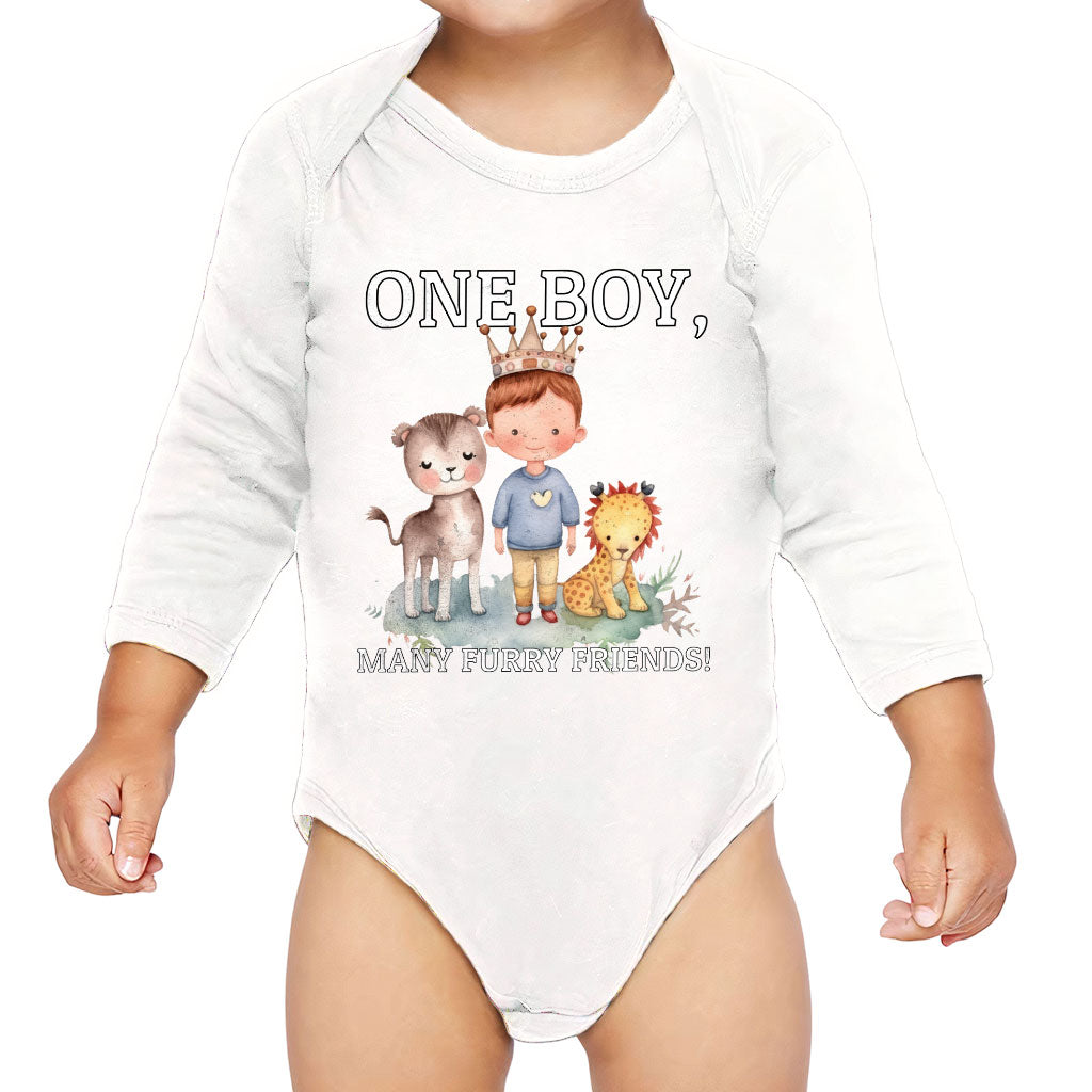 Many Furry Friends Baby Long Sleeve Onesie - Animal Lover Baby Long Sleeve Bodysuit - Graphic Baby One-Piece