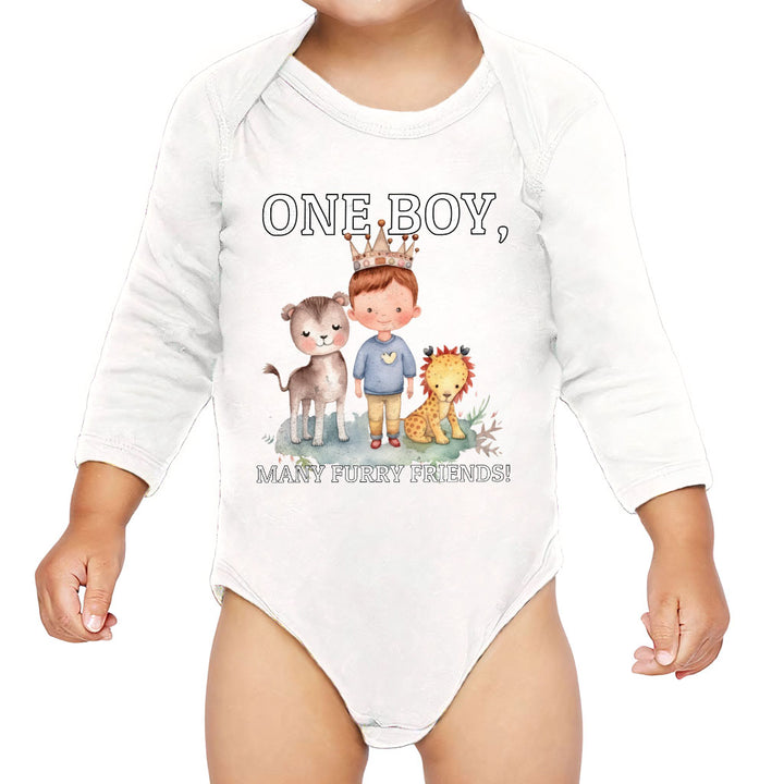 Many Furry Friends Baby Long Sleeve Onesie - Animal Lover Baby Long Sleeve Bodysuit - Graphic Baby One-Piece