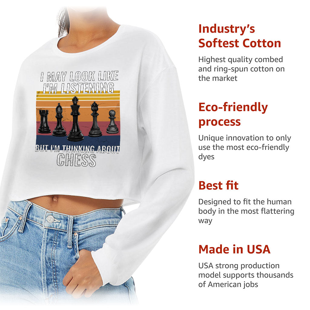 Chess Cropped Long Sleeve T-Shirt - Bright Women's T-Shirt - Colorful Long Sleeve Tee