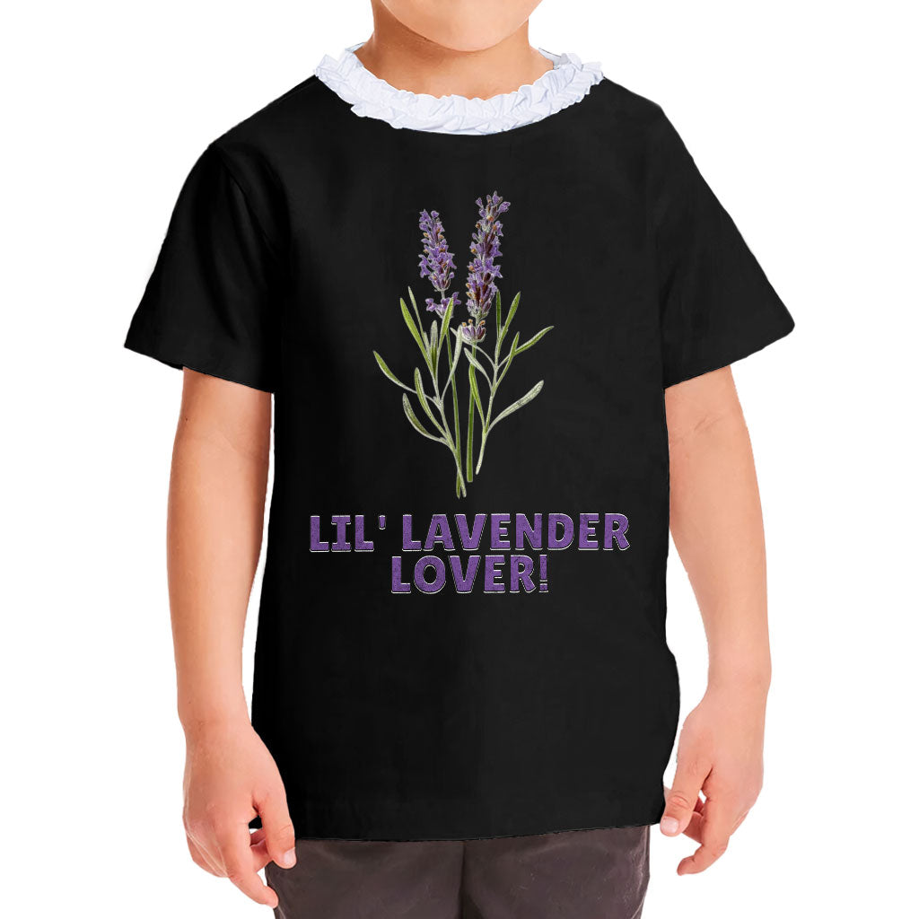 Lil' Lavender Lover Girls' Ruffle Neck T-Shirt - Flower Themed Toddler T-Shirt - Graphic Ruffle Neck Tee