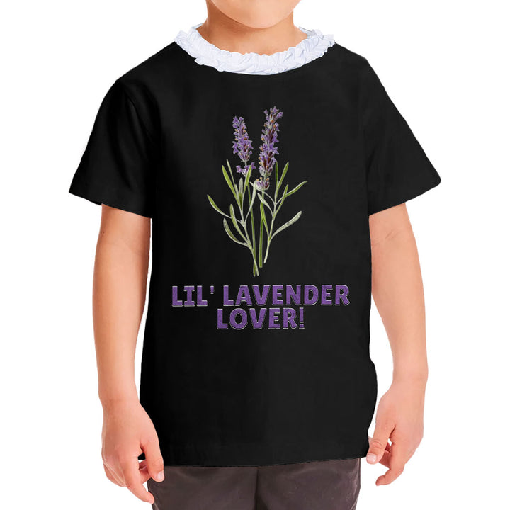 Lil' Lavender Lover Girls' Ruffle Neck T-Shirt - Flower Themed Toddler T-Shirt - Graphic Ruffle Neck Tee