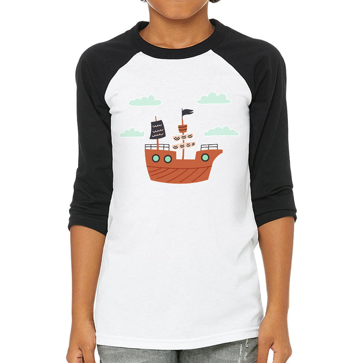 Pirate Ship Kids' Baseball T-Shirt - Themed 3/4 Sleeve T-Shirt - Bright Art Baseball Tee