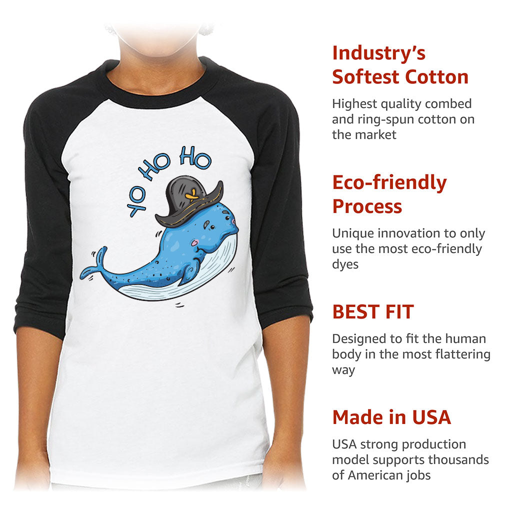 Whale Print Kids' Baseball T-Shirt - Yo Ho Ho 3/4 Sleeve T-Shirt - Graphic Baseball Tee