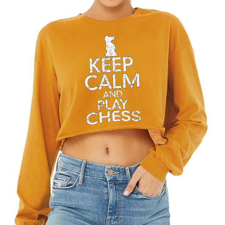 Keep Calm and Play Chess Cropped Long Sleeve T-Shirt - Cool Saying Women's T-Shirt - Graphic Long Sleeve Tee