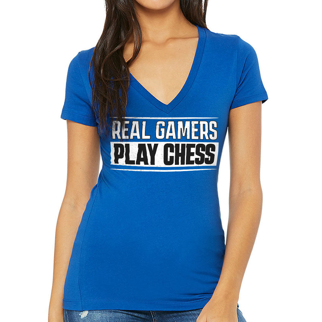 Real Gamers Women's V-Neck T-Shirt - Word Graphic V-Neck Tee - Graphic T-Shirt