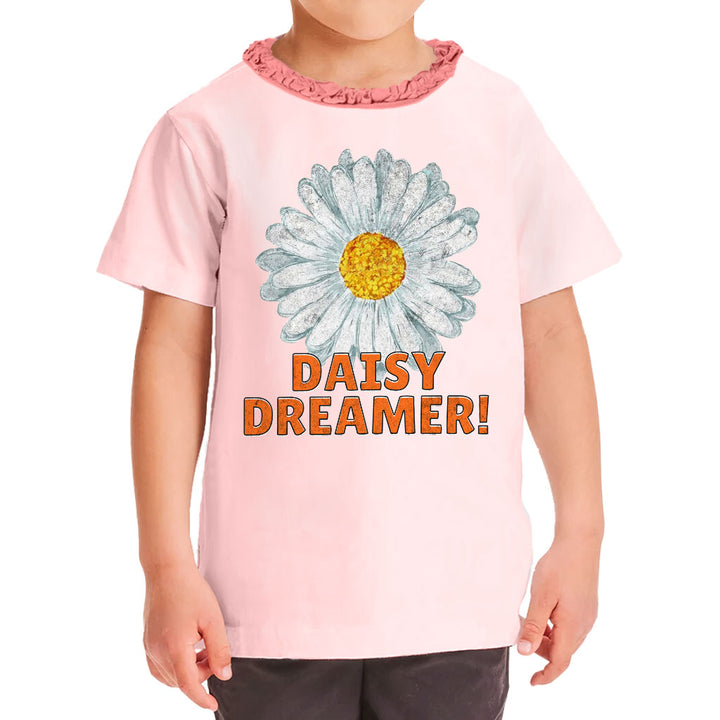Daisy Dreamer Girls' Ruffle Neck T-Shirt - Minimalistic Toddler T-Shirt - Printed Ruffle Neck Tee