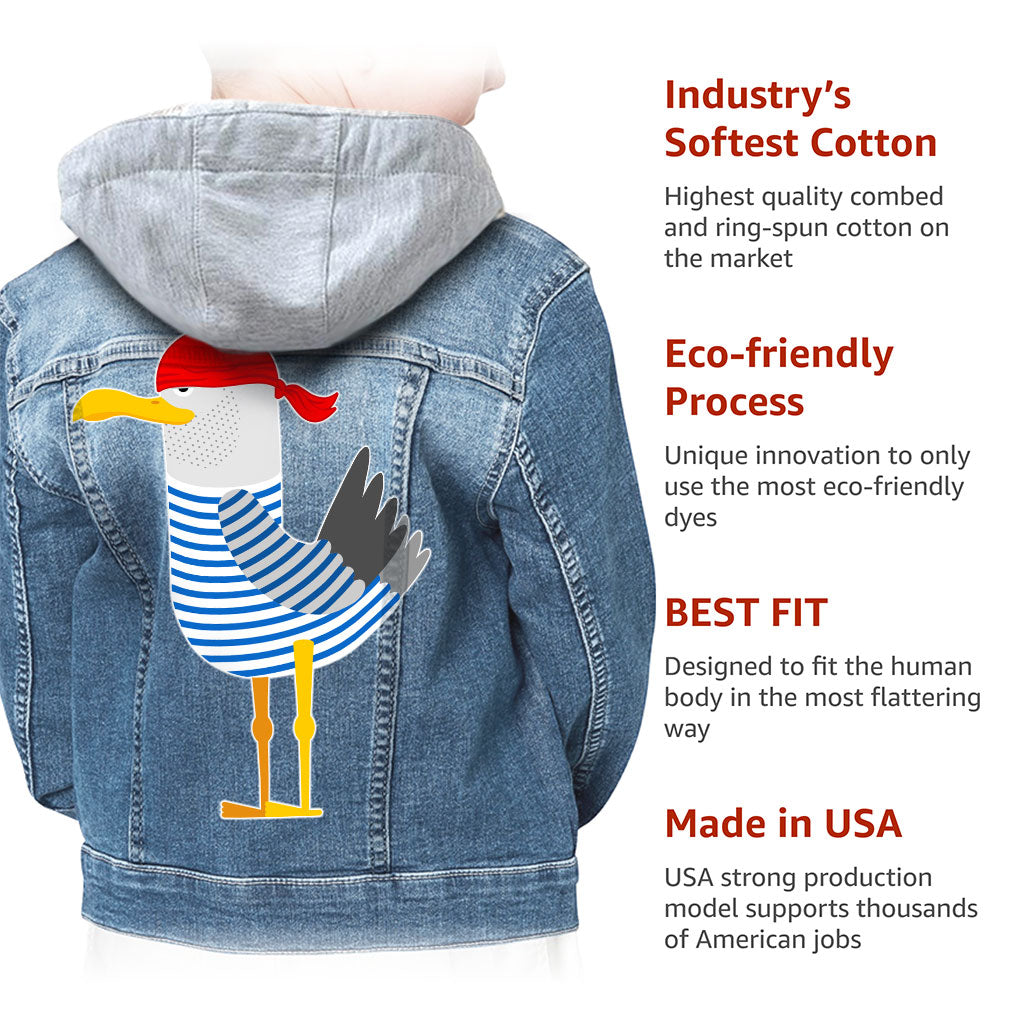Bird Pirate Hooded Denim Jacket for Kids - Cool Jean Jacket - Printed Denim Jacket for Kids