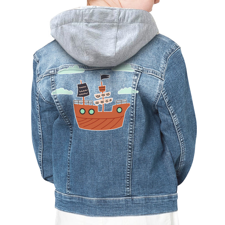 Pirate Ship Hooded Denim Jacket for Kids - Themed Jean Jacket - Bright Art Denim Jacket for Kids