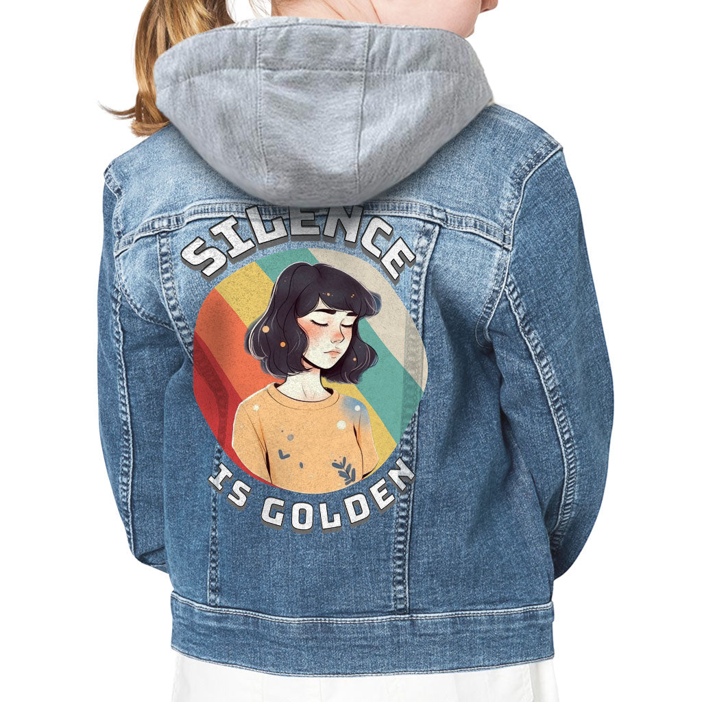 Silence Is Golden Hooded Denim Jacket for Kids - Girl Print Jean Jacket - Colorful Denim Jacket for Kids
