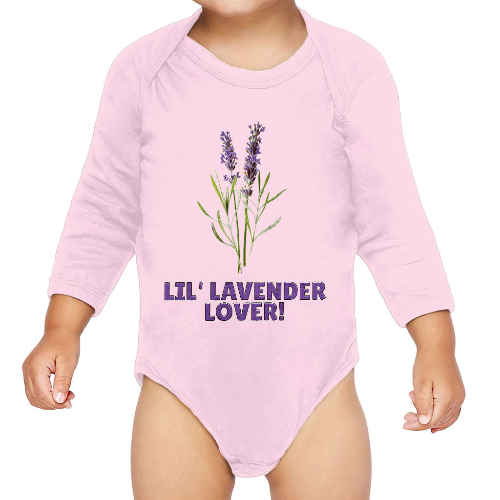 Lil' Lavender Lover Baby Long Sleeve Onesie - Flower Themed Baby Long Sleeve Bodysuit - Graphic Baby One-Piece