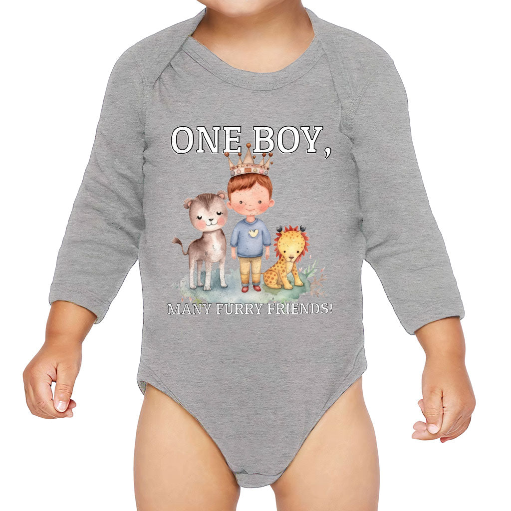 Many Furry Friends Baby Long Sleeve Onesie - Animal Lover Baby Long Sleeve Bodysuit - Graphic Baby One-Piece