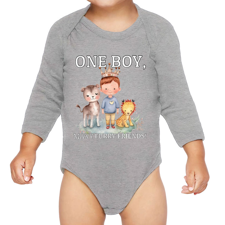 Many Furry Friends Baby Long Sleeve Onesie - Animal Lover Baby Long Sleeve Bodysuit - Graphic Baby One-Piece
