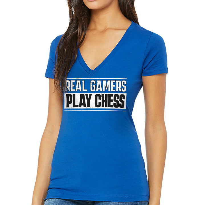 Real Gamers Women's V-Neck T-Shirt - Word Graphic V-Neck Tee - Graphic T-Shirt