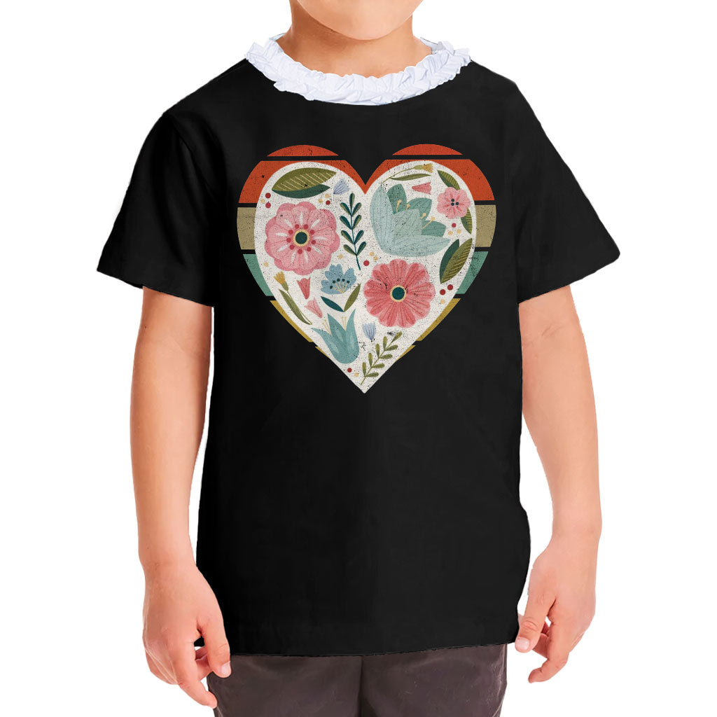 Flower Heart Girls' Ruffle Neck T-Shirt - Colorful Toddler T-Shirt - Printed Ruffle Neck Tee
