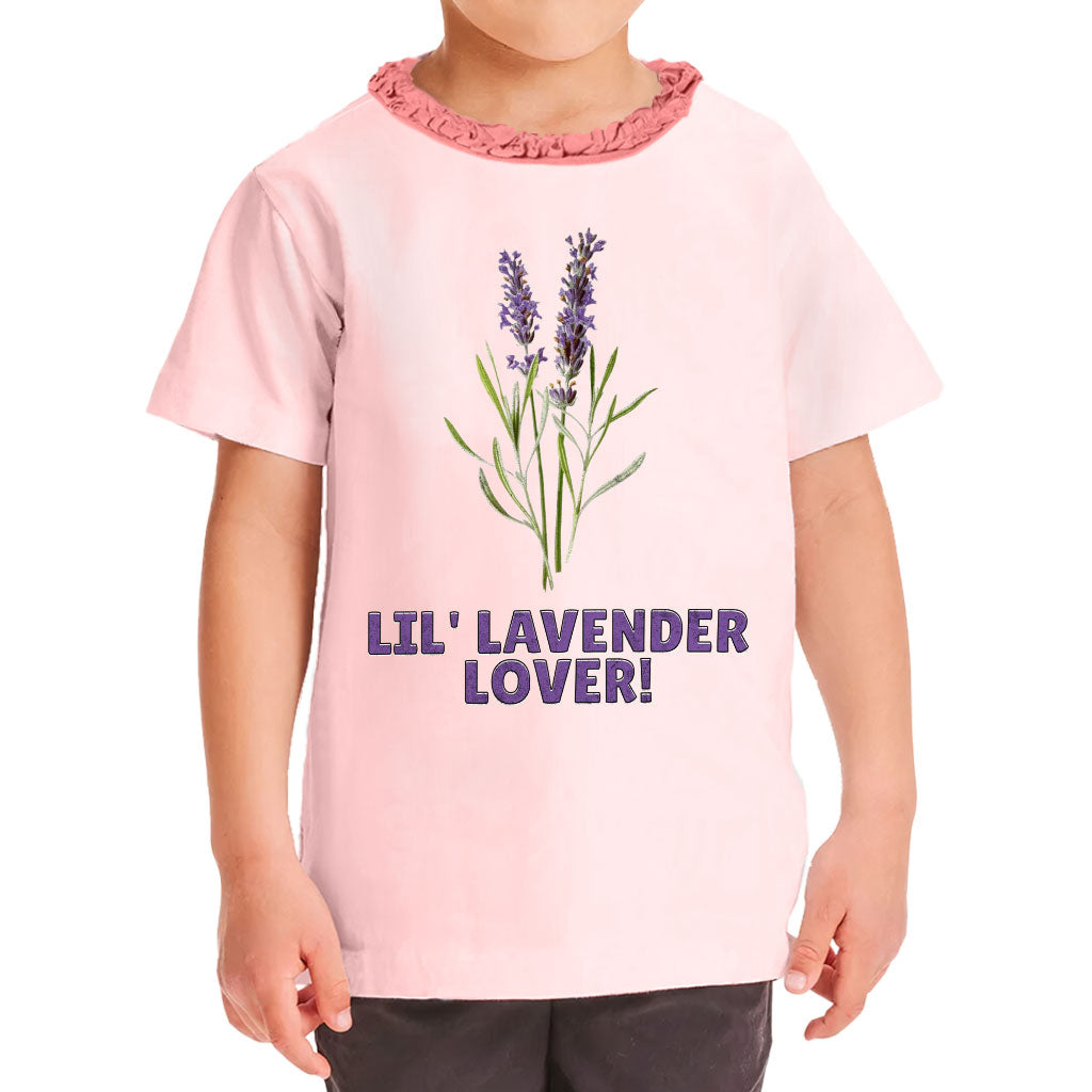 Lil' Lavender Lover Girls' Ruffle Neck T-Shirt - Flower Themed Toddler T-Shirt - Graphic Ruffle Neck Tee