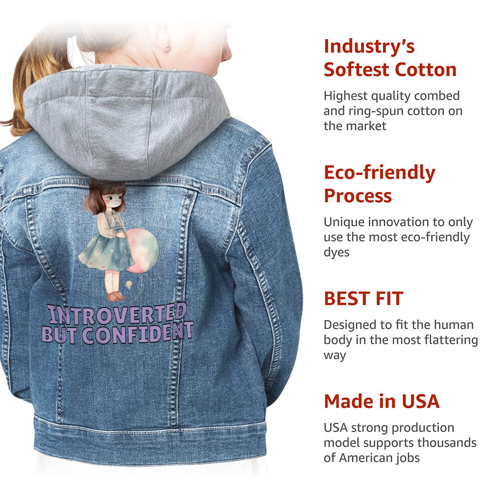 Introverted but Confident Hooded Denim Jacket for Kids - Little Girl Jean Jacket - Graphic Denim Jacket for Kids