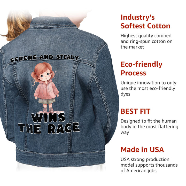 Serene and Steady Kids' Denim Jacket - Cute Girl Graphic Jean Jacket - Word Design Denim Jacket for Kids