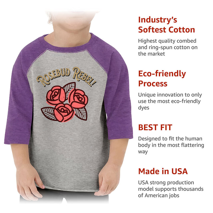 Rosebud Rebel Toddler Baseball T-Shirt - Cute 3/4 Sleeve T-Shirt - Flower Themed Kids' Baseball Tee