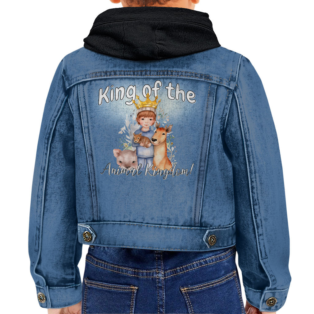 King Of the Animal Kingdom Toddler Hooded Denim Jacket - Cool Jean Jacket - Graphic Denim Jacket for Kids