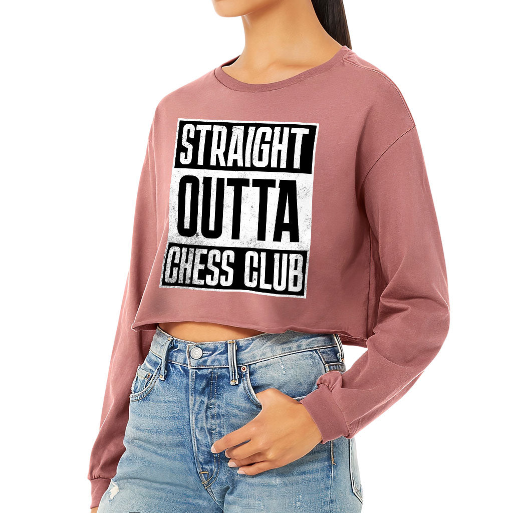 Word Art Cropped Long Sleeve T-Shirt - Chess Club Women's T-Shirt - Unique Long Sleeve Tee