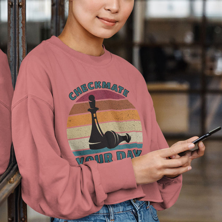 Checkmate Your Day Cropped Long Sleeve T-Shirt - Colorful Women's T-Shirt - Printed Long Sleeve Tee