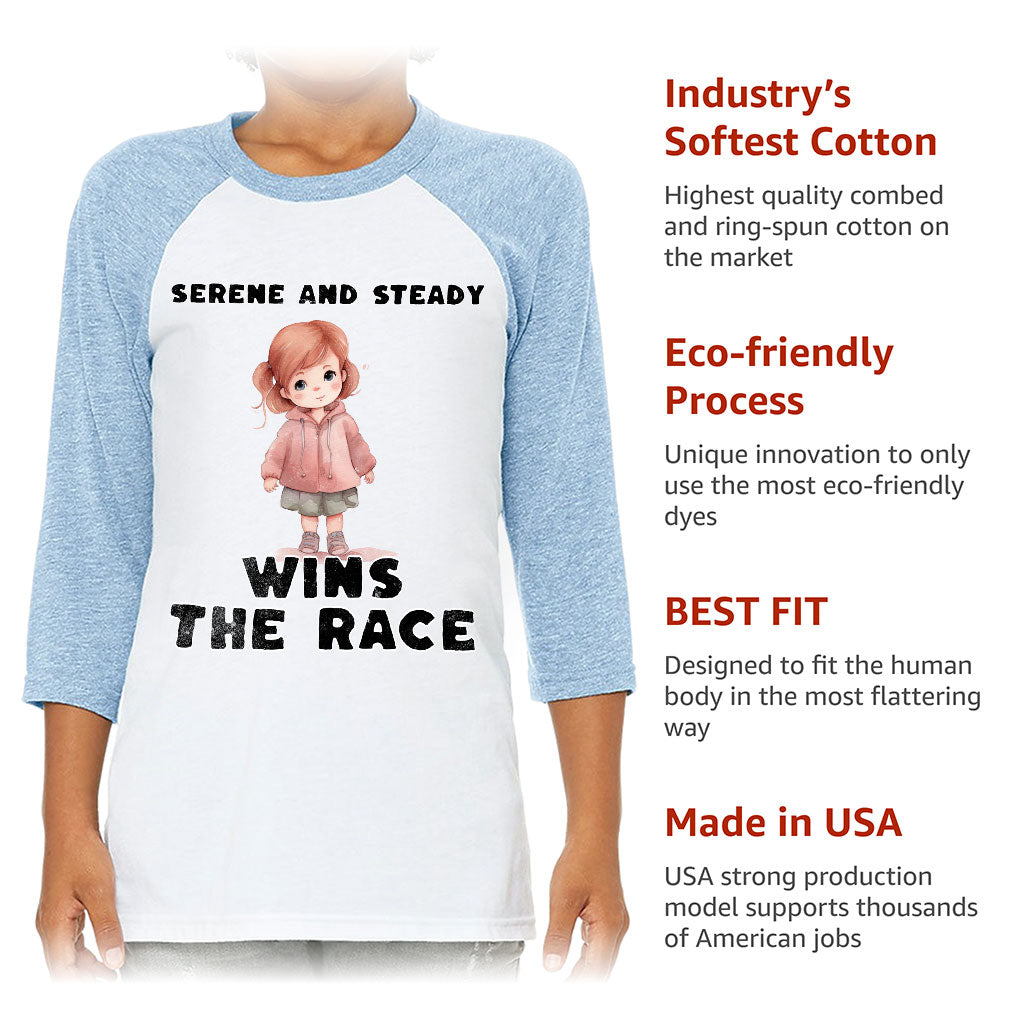 Serene and Steady Kids' Baseball T-Shirt - Cute Girl Graphic 3/4 Sleeve T-Shirt - Word Design Baseball Tee