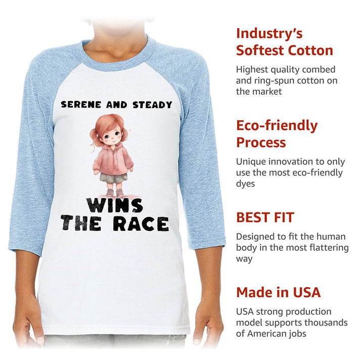 Serene and Steady Kids' Baseball T-Shirt - Cute Girl Graphic 3/4 Sleeve T-Shirt - Word Design Baseball Tee