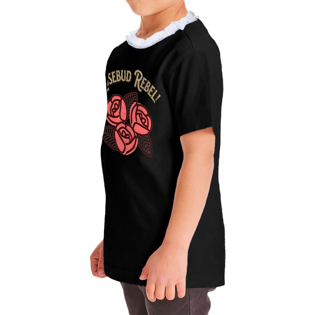 Rosebud Rebel Girls' Ruffle Neck T-Shirt - Cute Toddler T-Shirt - Flower Themed Ruffle Neck Tee